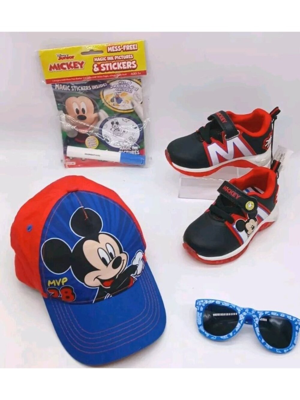 Disney Mickey Mouse Shoes Light Up Sneakers Boys Size 7 Hat Fun Glasses Book